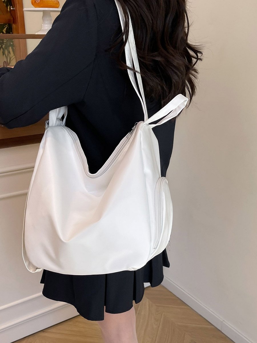 White Solid Zip Closure Backpack