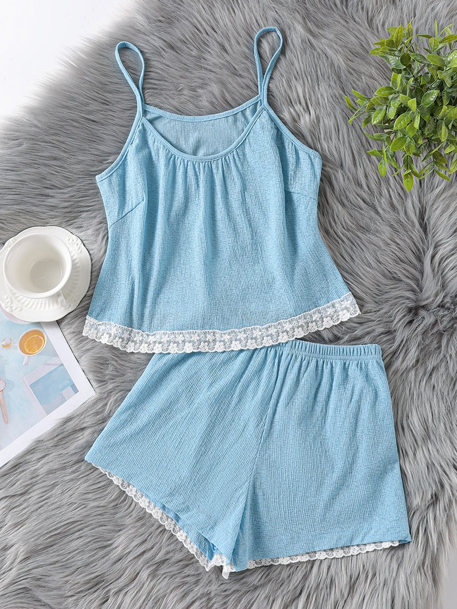 Light Blue Lace Trim Cami and Shorts Set