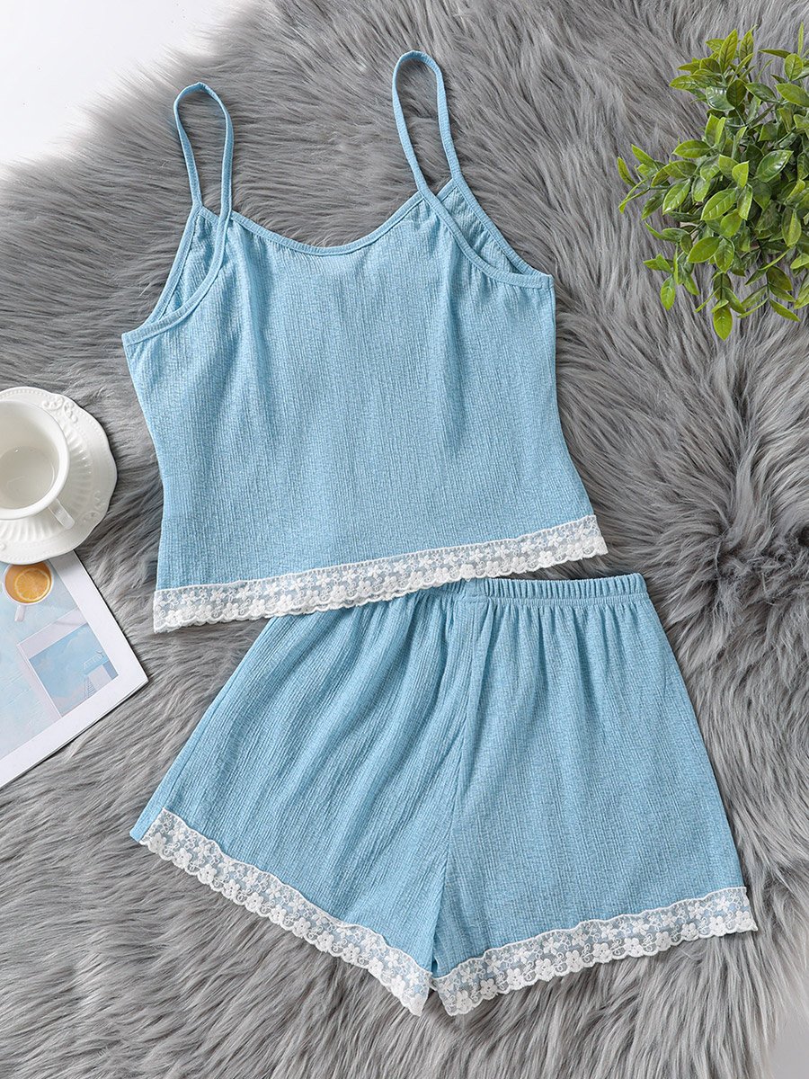 Light Blue Lace Trim Cami and Shorts Set
