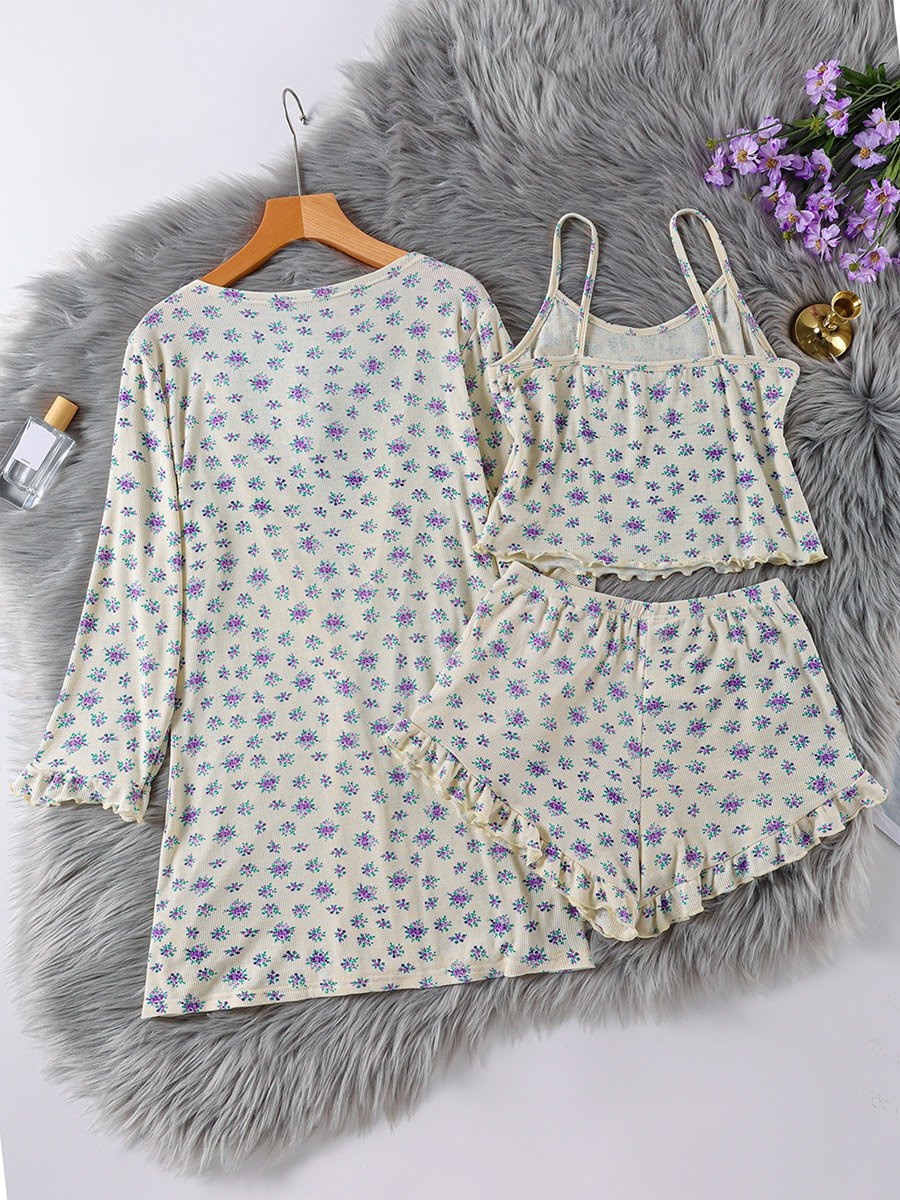 Pack of 3 - Floral Cami, Ruffle Hem Shorts and Robe Set