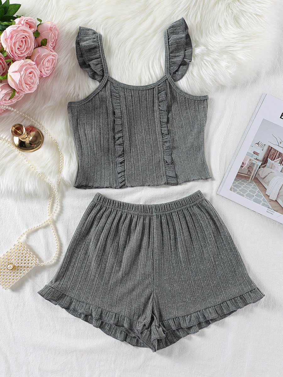 Charcoal Textured Ruffle Cami and Shorts Set