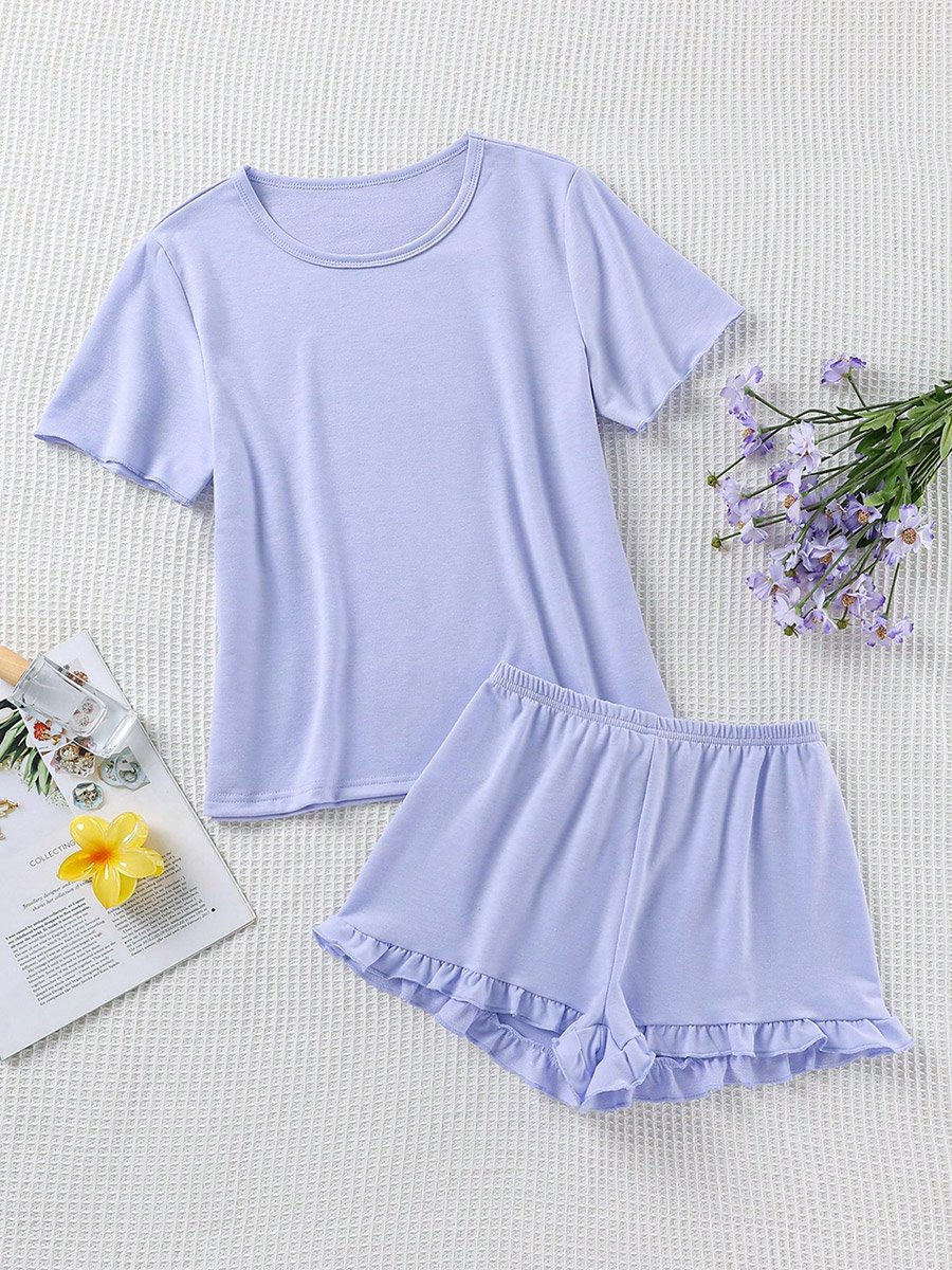 Purple Solid T-Shirt and Ruffle Hem Shorts Set