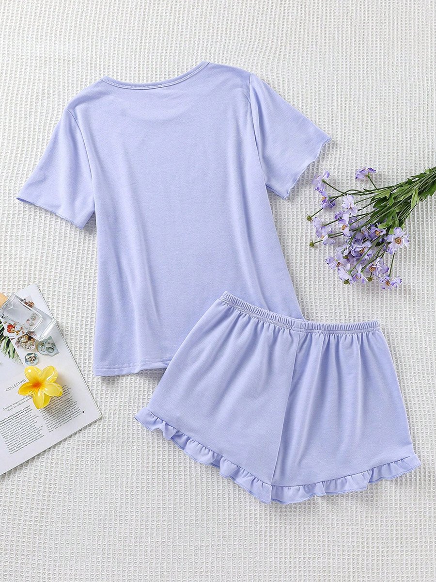 Purple Solid T-Shirt and Ruffle Hem Shorts Set
