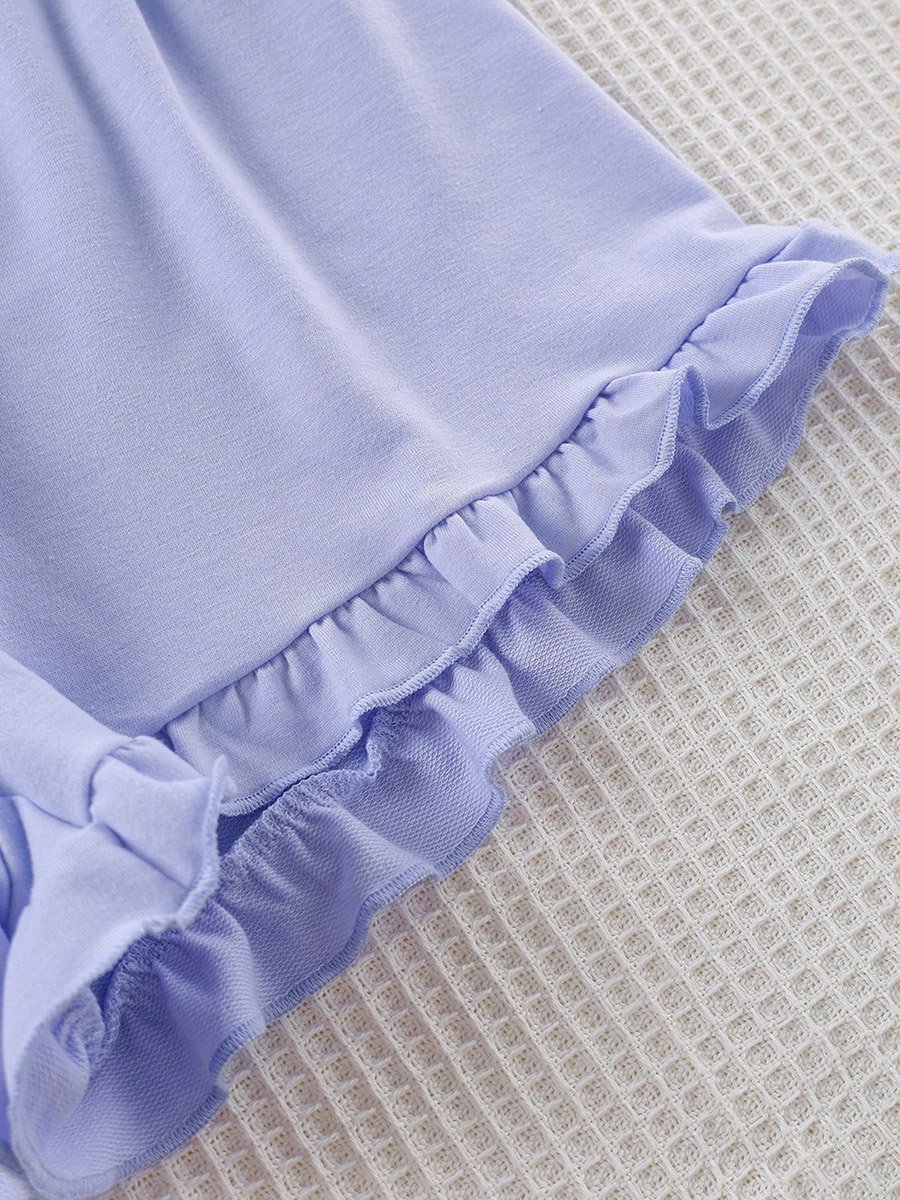 Purple Solid T-Shirt and Ruffle Hem Shorts Set