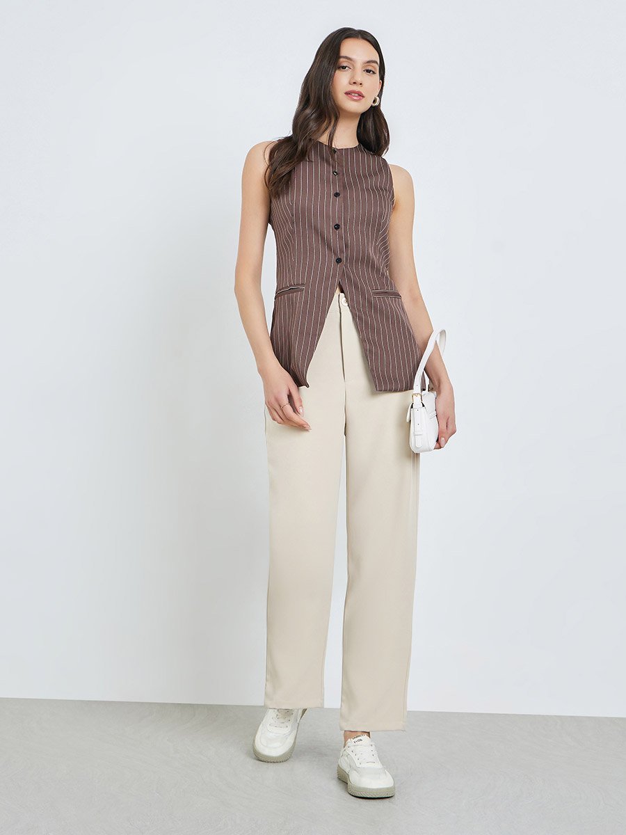 Beige Solid Straight Leg Pants