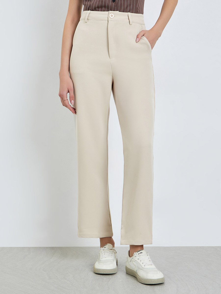 Beige Solid Straight Leg Pants