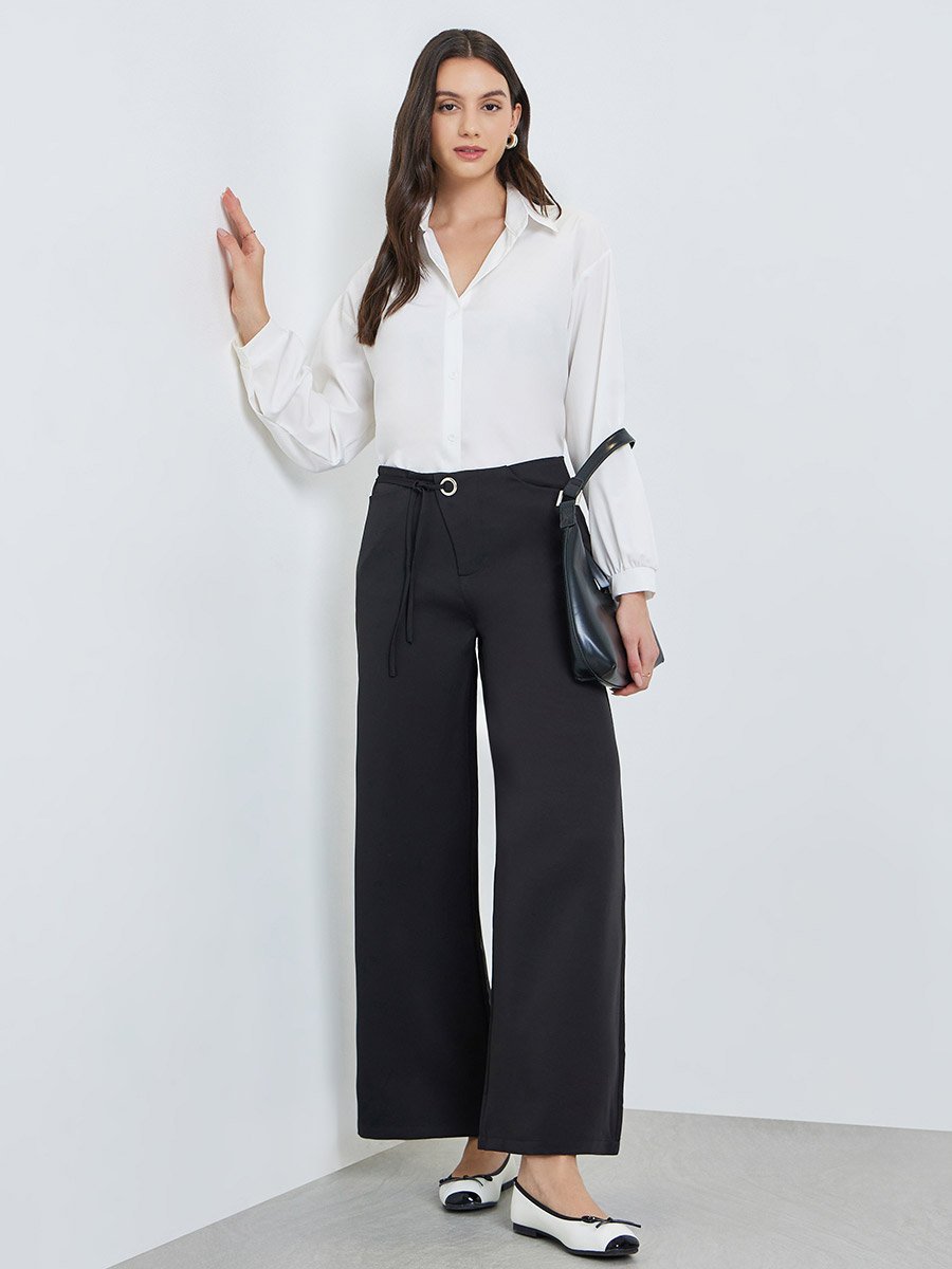 Black Wide Leg Trousers with Tie Waist