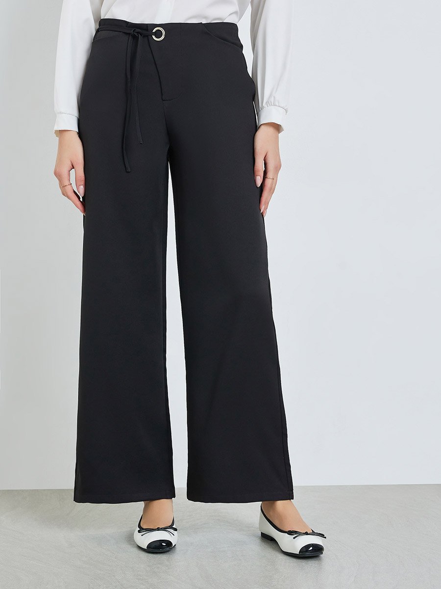 Black Wide Leg Trousers with Tie Waist