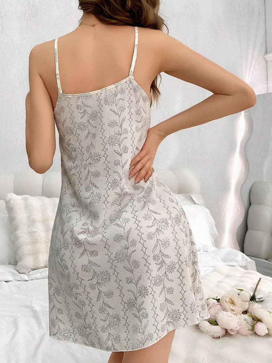 Beige Floral Print Strappy Nightdress