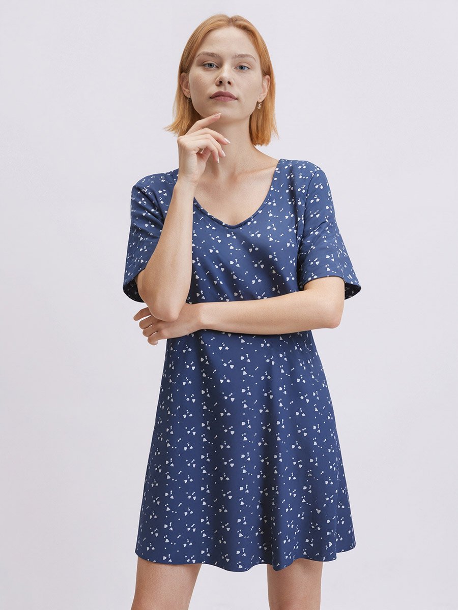 Blue Printed Short Sleeve Nightdres