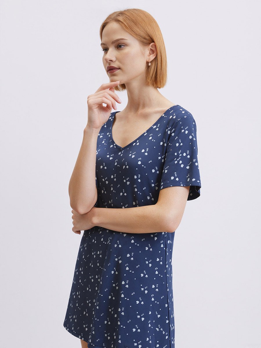 Blue Printed Short Sleeve Nightdres