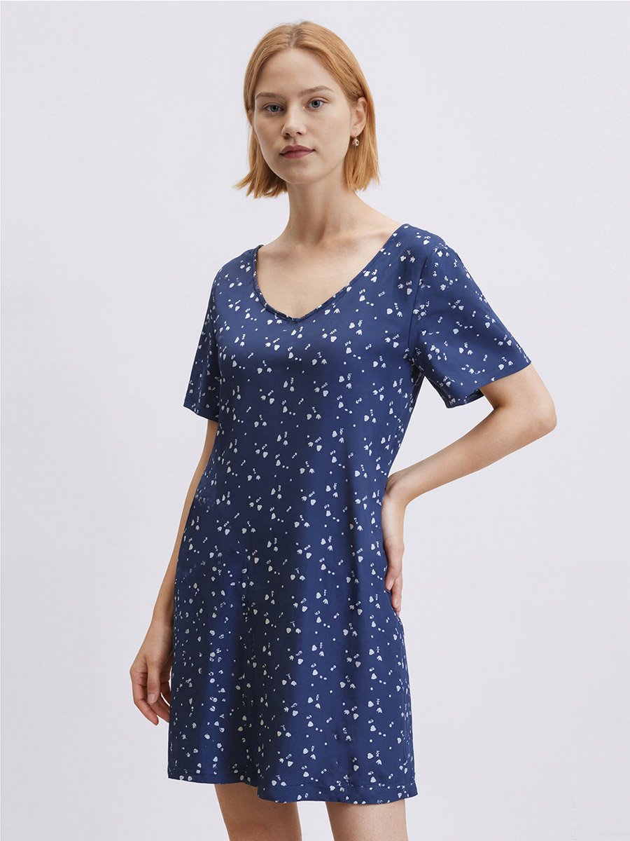 Blue Printed Short Sleeve Nightdres