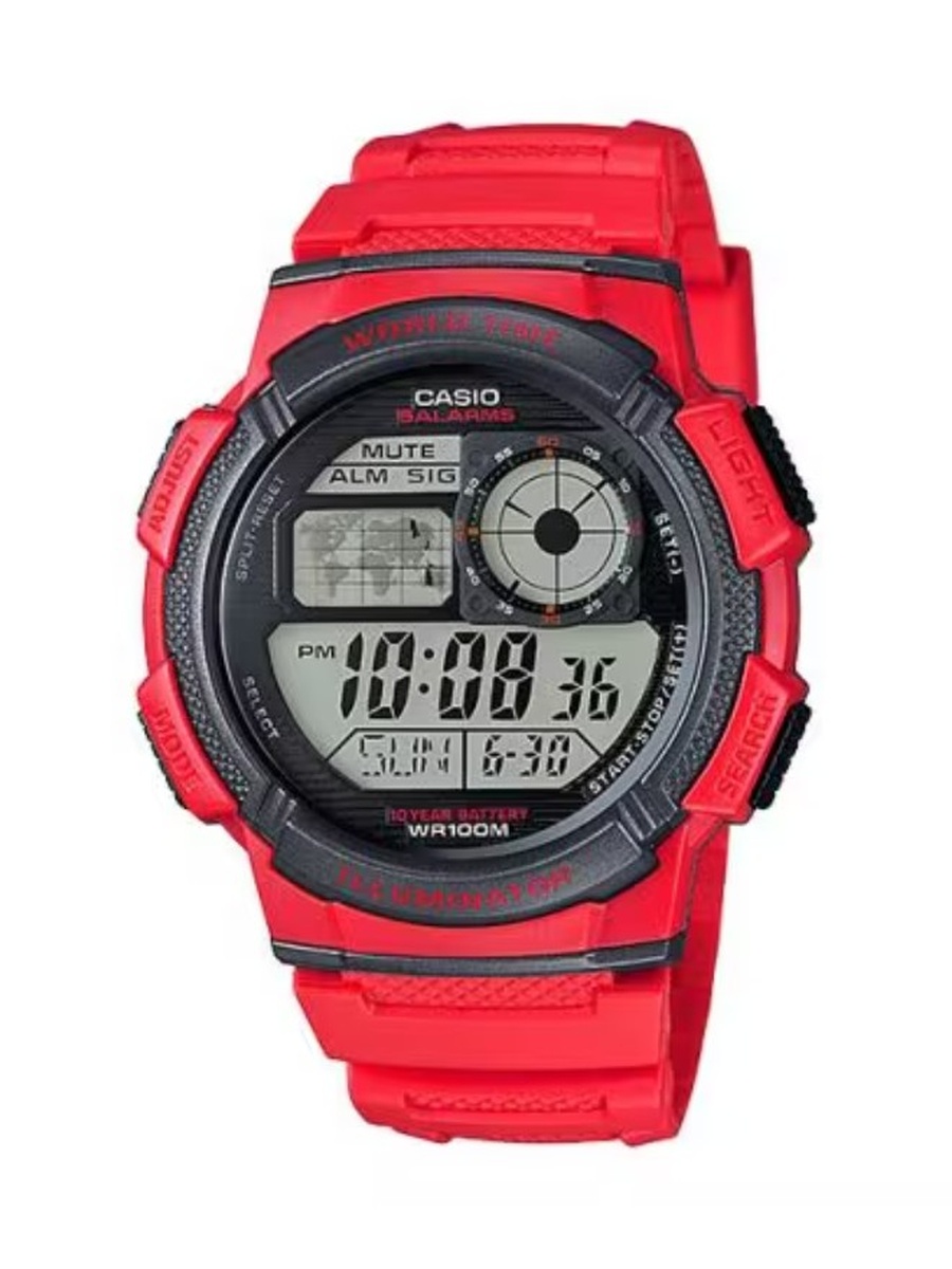 Quartz Movement Watch with Digital Display and Resin Strap - AE-1000W-4AVDF, Red