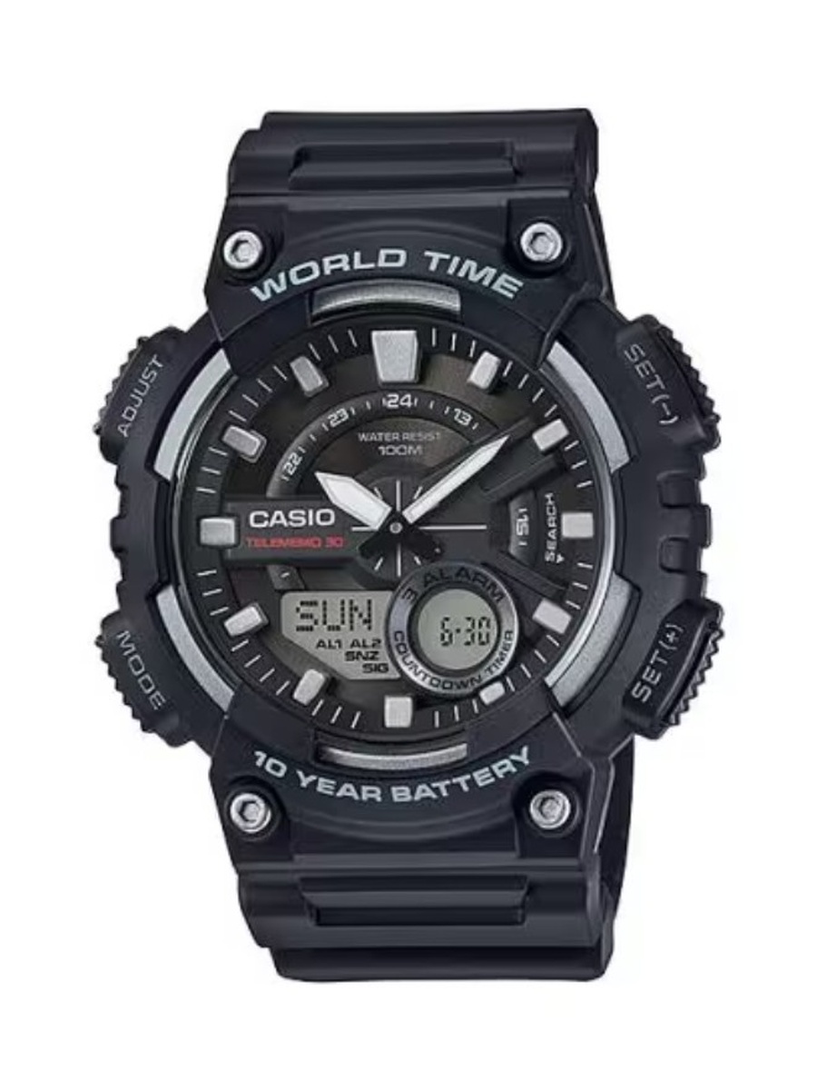 Quartz Movement Watch with Digital Display and Resin Strap - AEQ-110W-1AVDF, Black