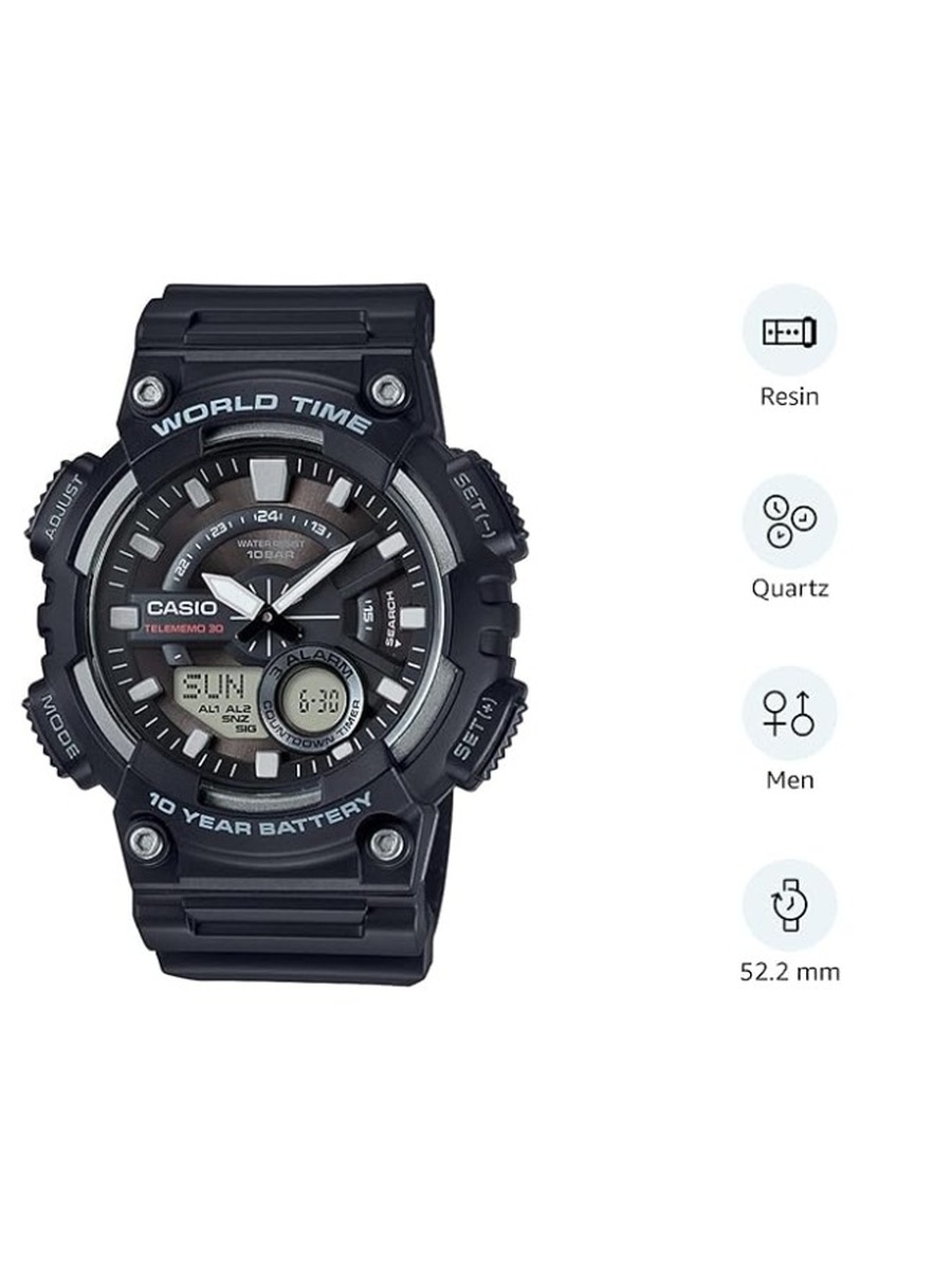 Quartz Movement Watch with Digital Display and Resin Strap - AEQ-110W-1AVDF, Black