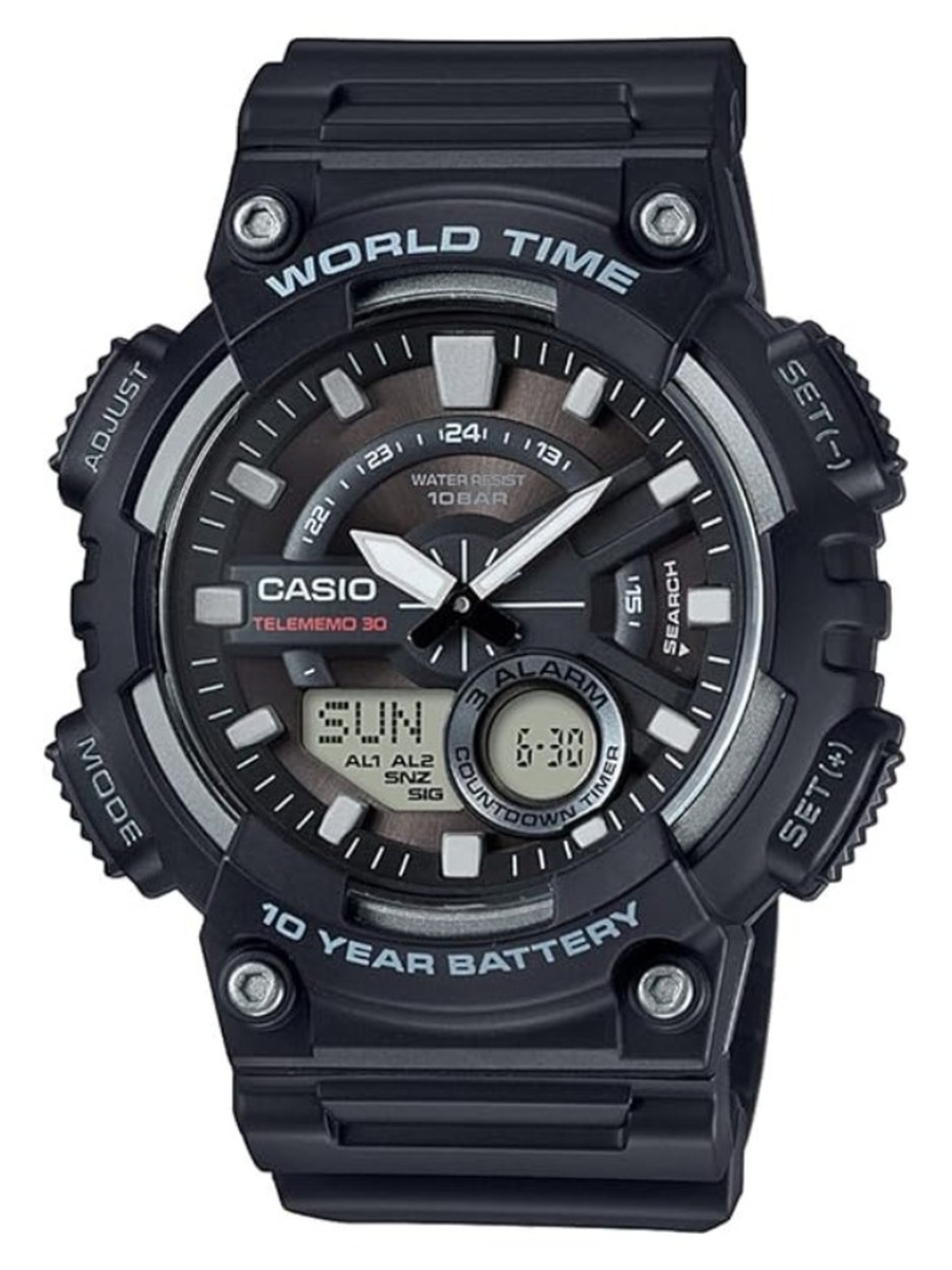 Quartz Movement Watch with Digital Display and Resin Strap - AEQ-110W-1AVDF, Black