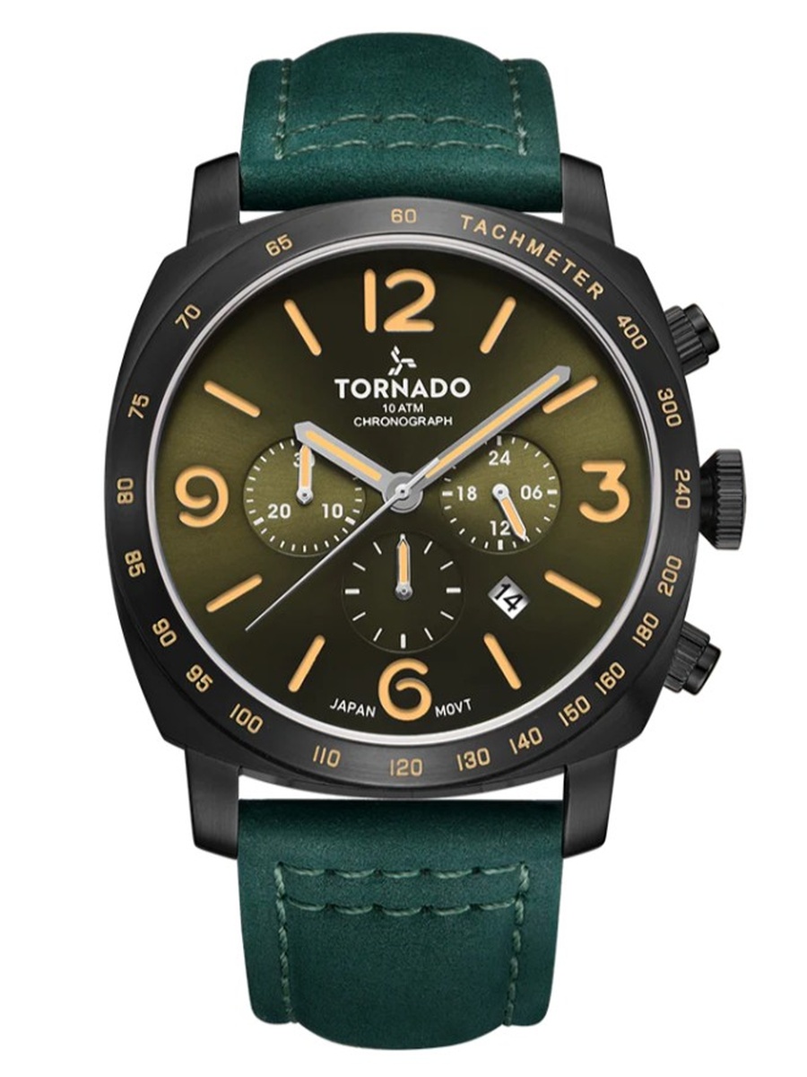 Miyota JS25 Chronograph Watch with Suede Leather Strap - T9102-BLHH, Green