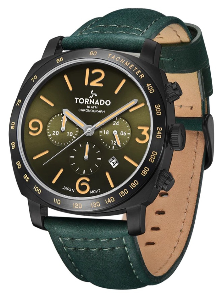 Miyota JS25 Chronograph Watch with Suede Leather Strap - T9102-BLHH, Green
