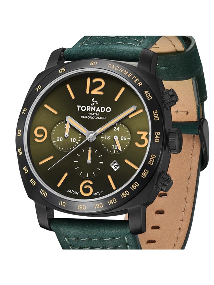 Miyota JS25 Chronograph Watch with Suede Leather Strap - T9102-BLHH, Green