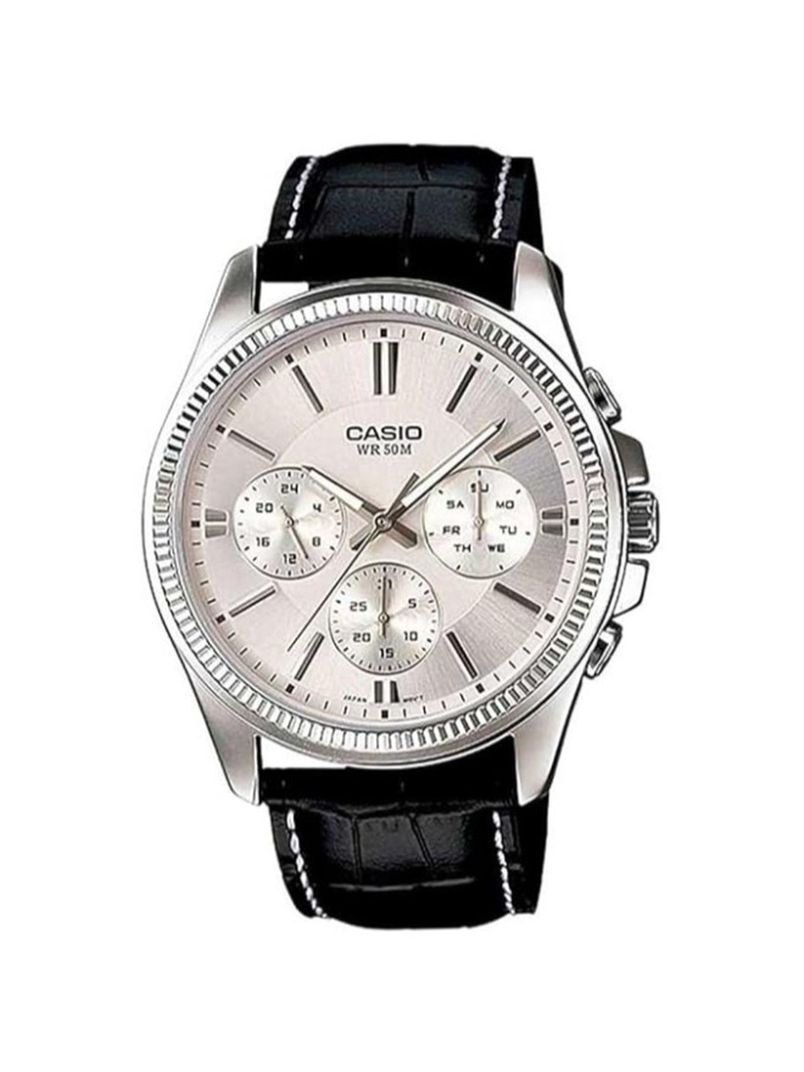 Quartz Analog Watch with Leather Strap - MTP-1375L-7AVDF, Black