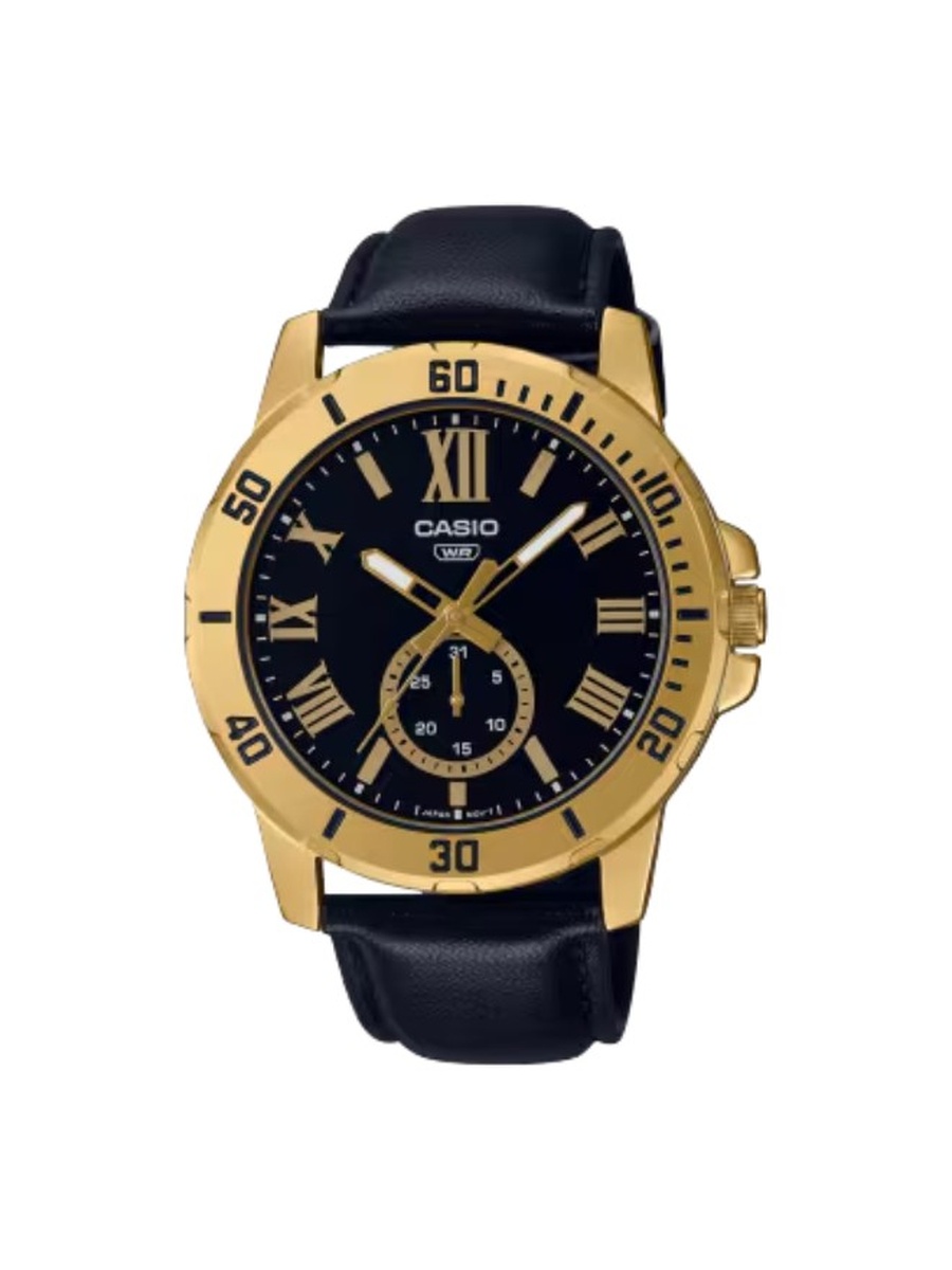 Quartz Analog Watch with Leather Strap - MTP-VD200GL-1BUDF, Black