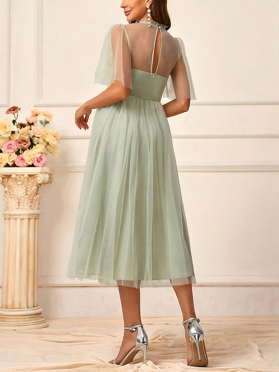 Green Lace Patch Mesh A-Line Midi Dress with Frill Sleeves