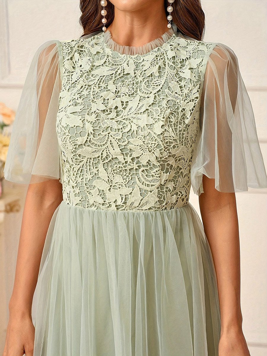 Green Lace Patch Mesh A-Line Midi Dress with Frill Sleeves