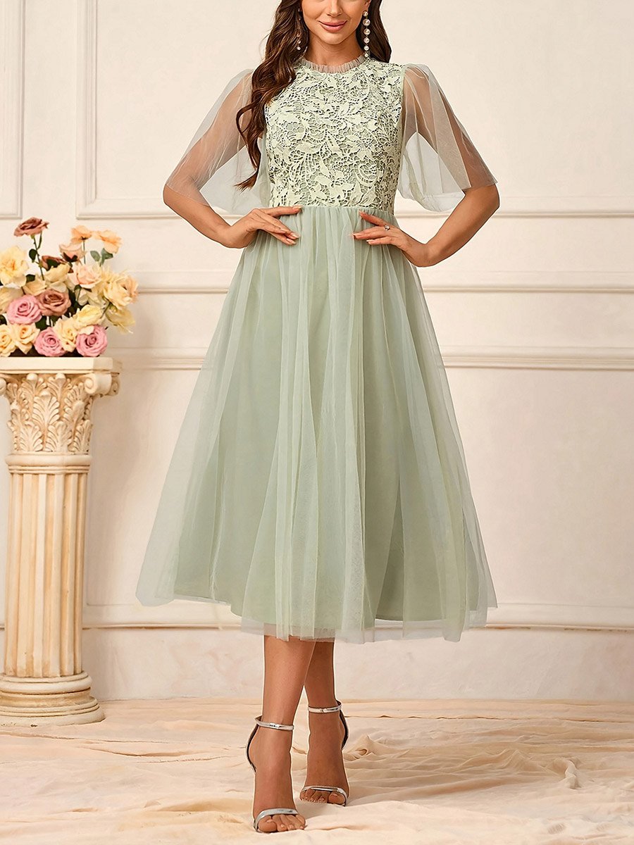 Green Lace Patch Mesh A-Line Midi Dress with Frill Sleeves
