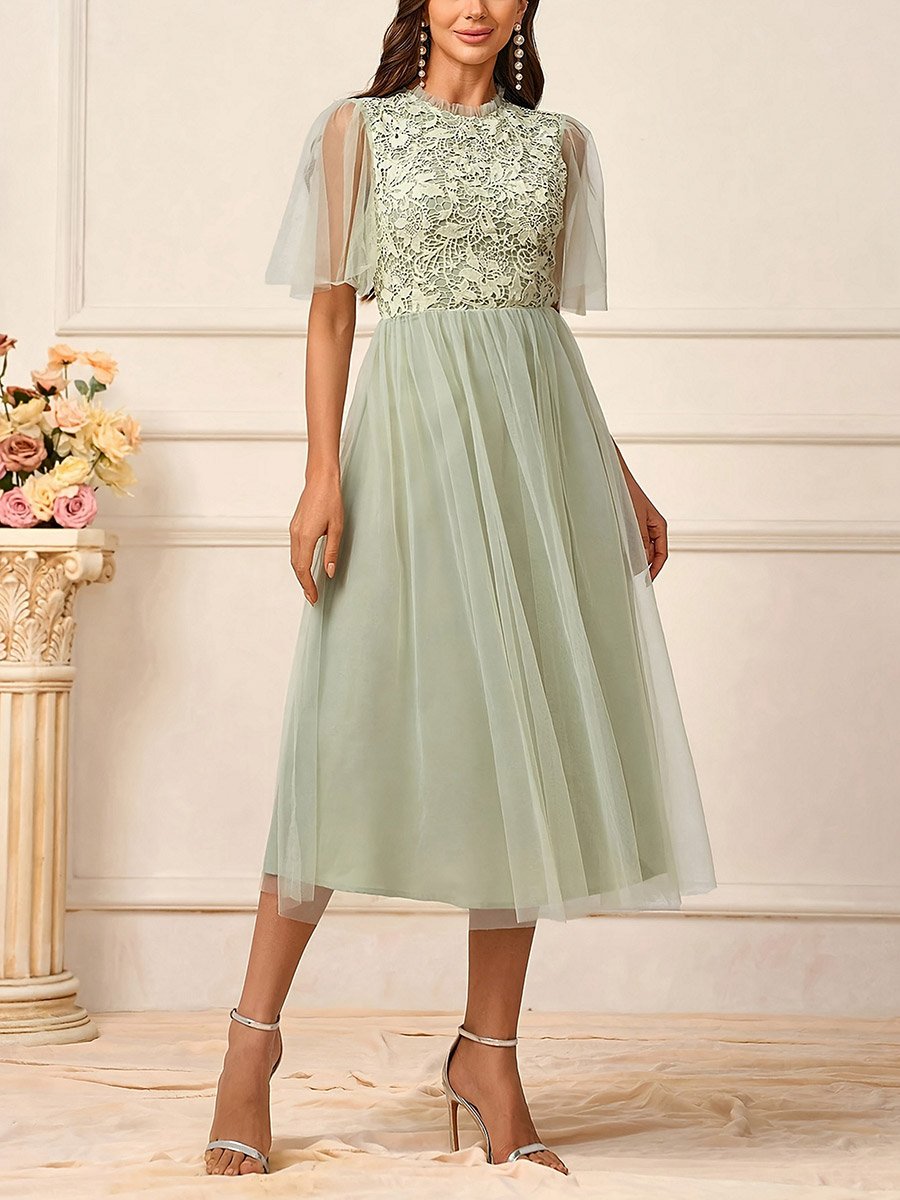 Green Lace Patch Mesh A-Line Midi Dress with Frill Sleeves