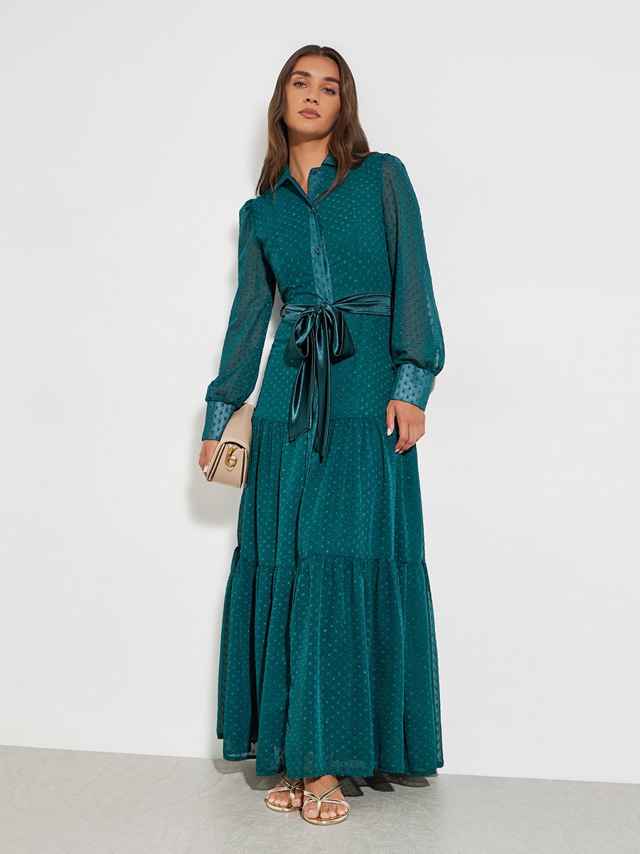 Teal Dobby Tiered Shirt Maxi Dress