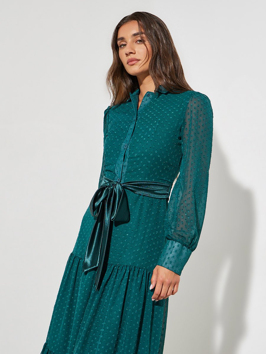 Teal Dobby Tiered Shirt Maxi Dress