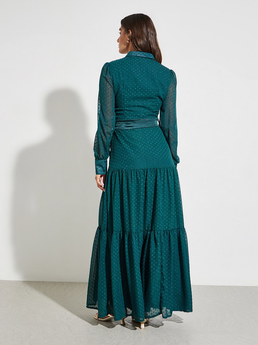 Teal Dobby Tiered Shirt Maxi Dress
