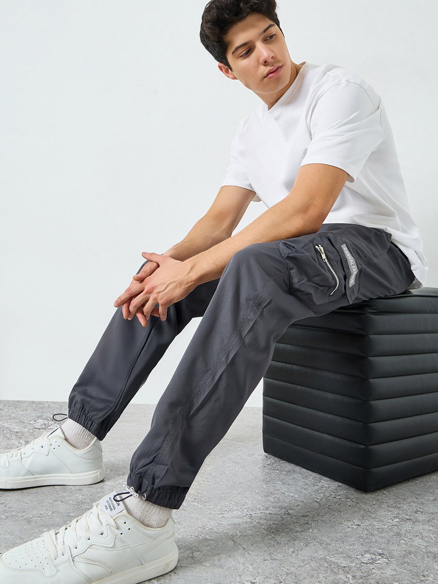 Men Grey Cargo Trousers with Elastic Cuffs