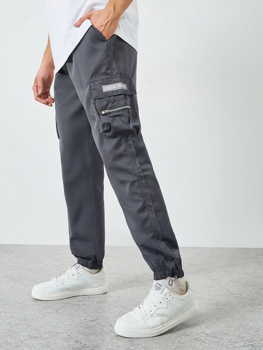 Men Grey Cargo Trousers with Elastic Cuffs