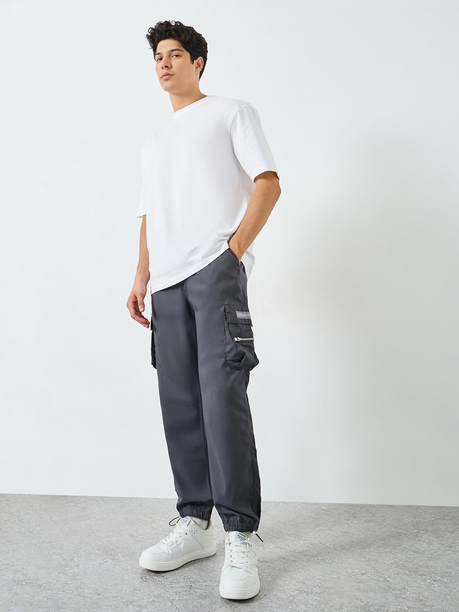 Men Grey Cargo Trousers with Elastic Cuffs