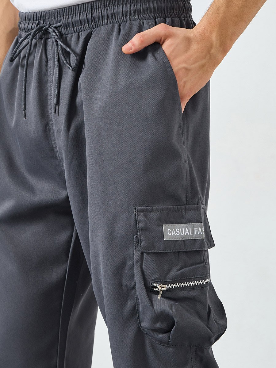 Men Grey Cargo Trousers with Elastic Cuffs