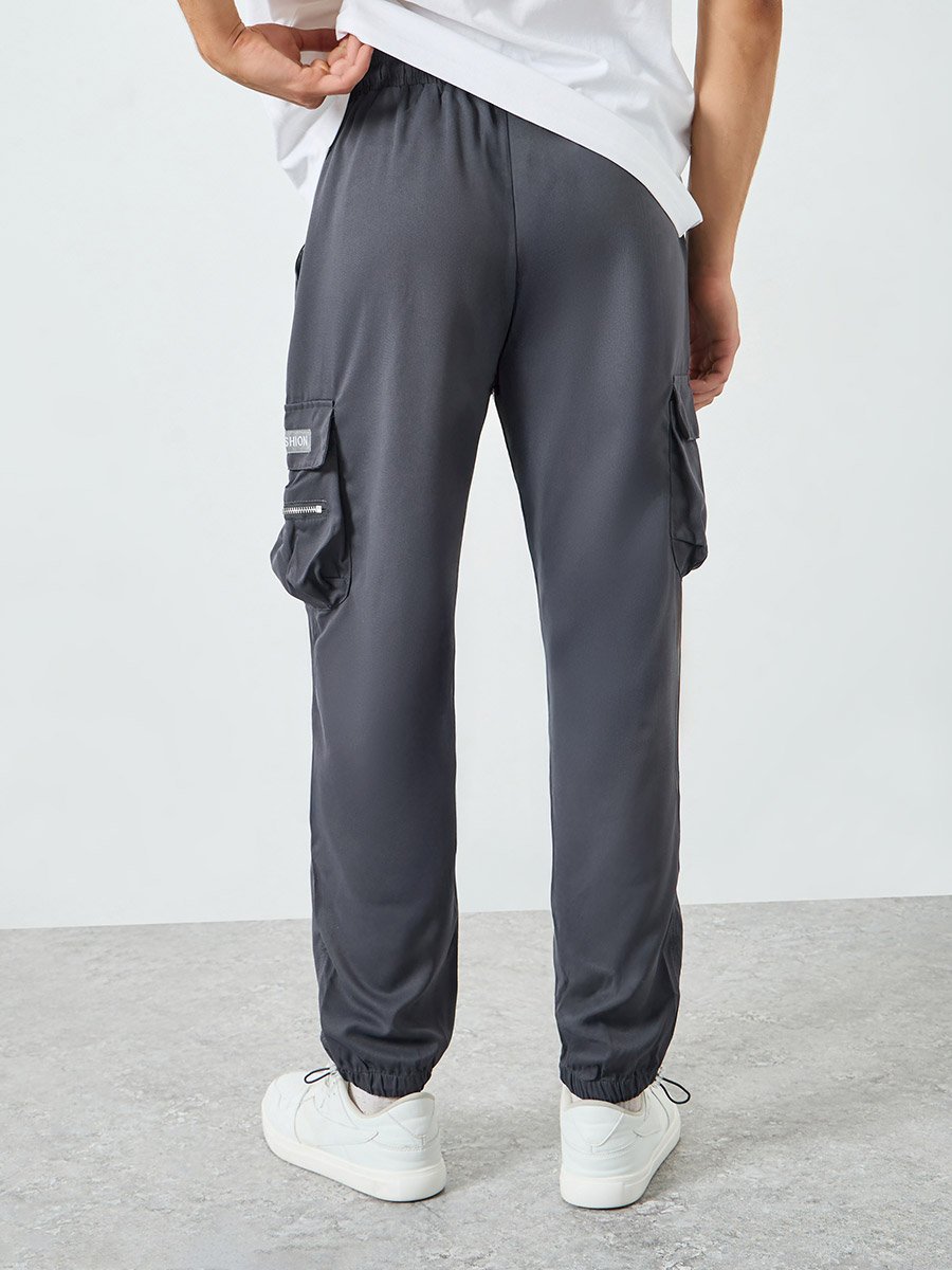 Men Grey Cargo Trousers with Elastic Cuffs