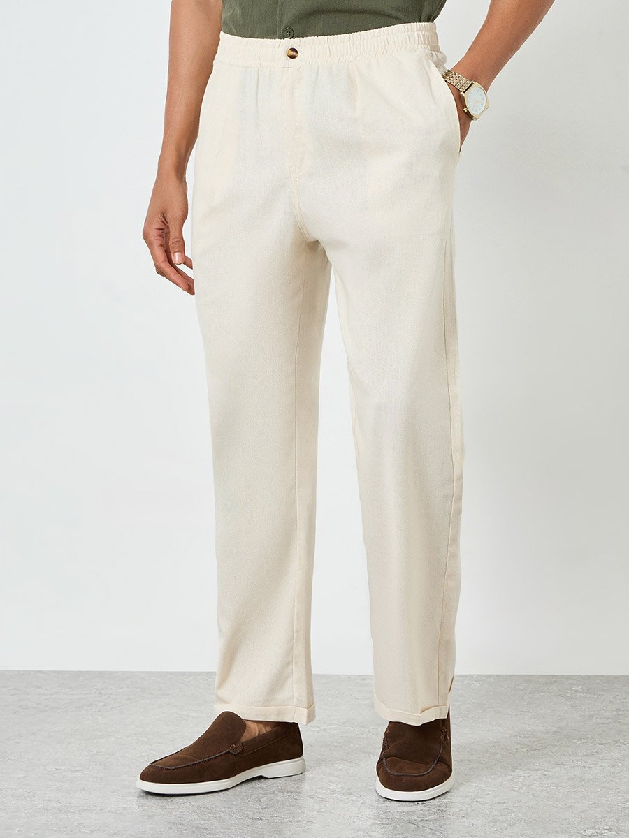 Men Beige Relaxed Fit Linen Trousers