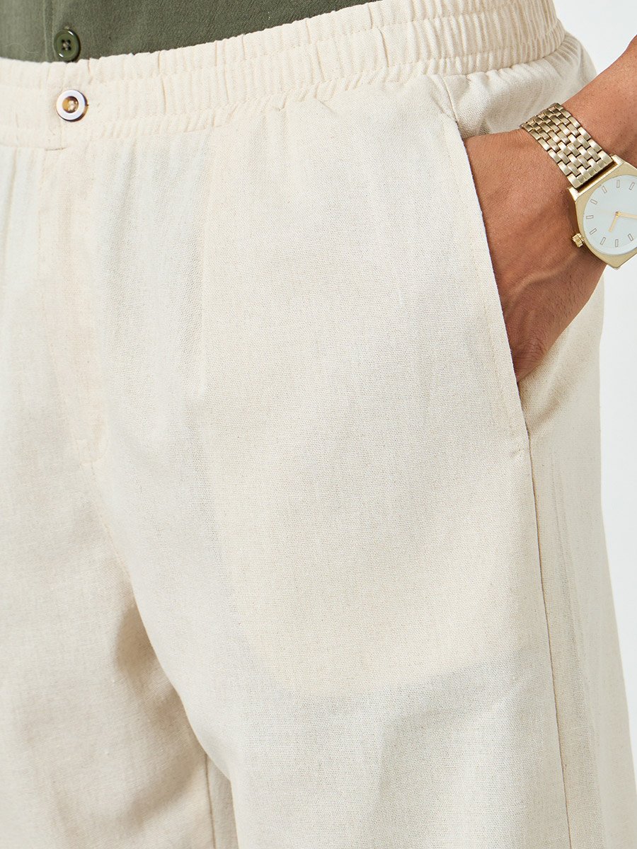 Men Beige Relaxed Fit Linen Trousers
