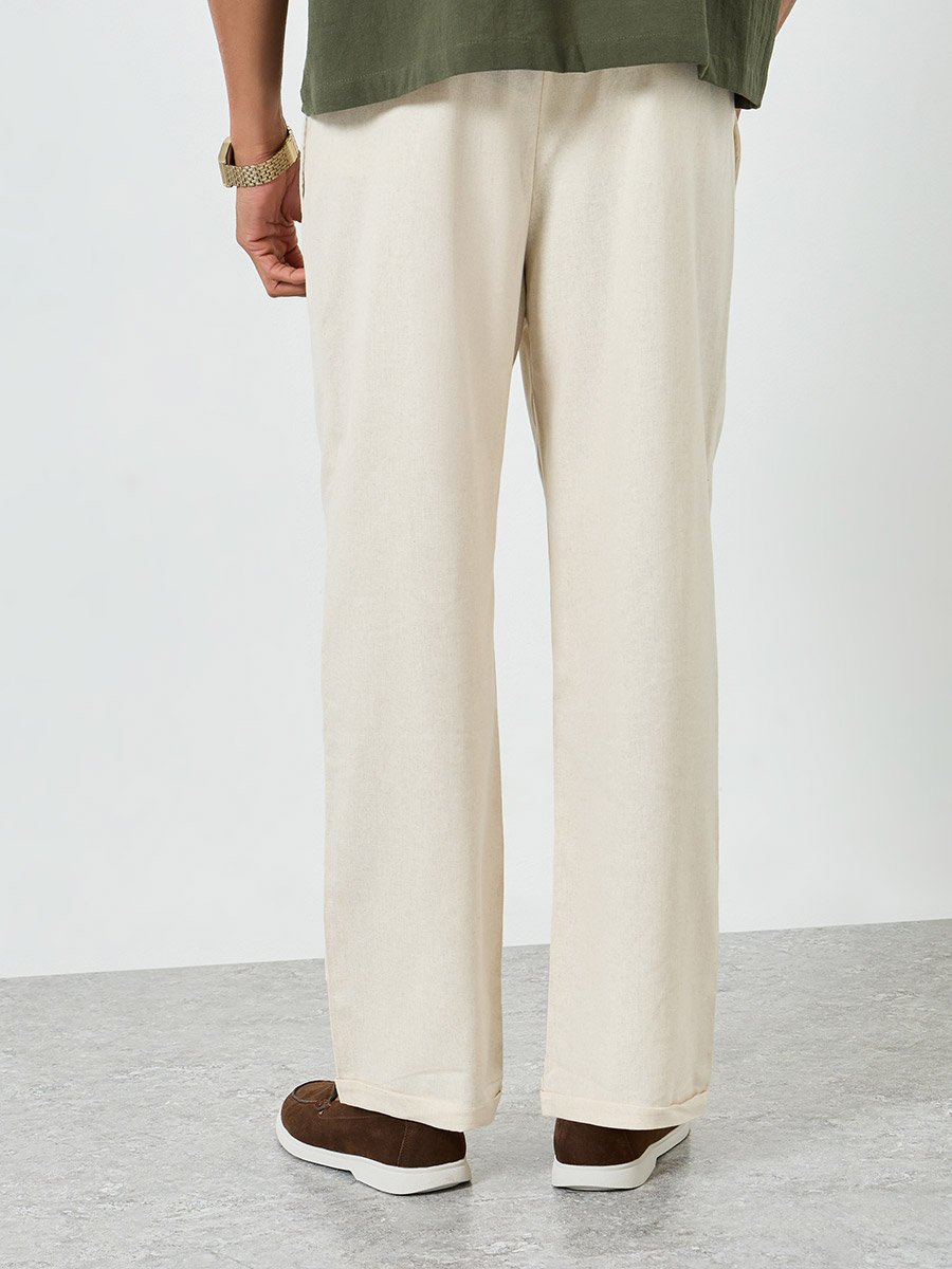 Men Beige Relaxed Fit Linen Trousers