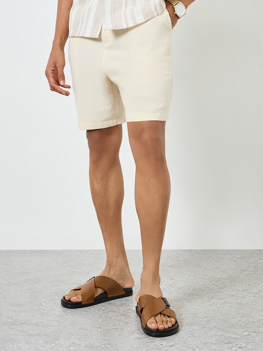 Men Beige Solid Linen Shorts