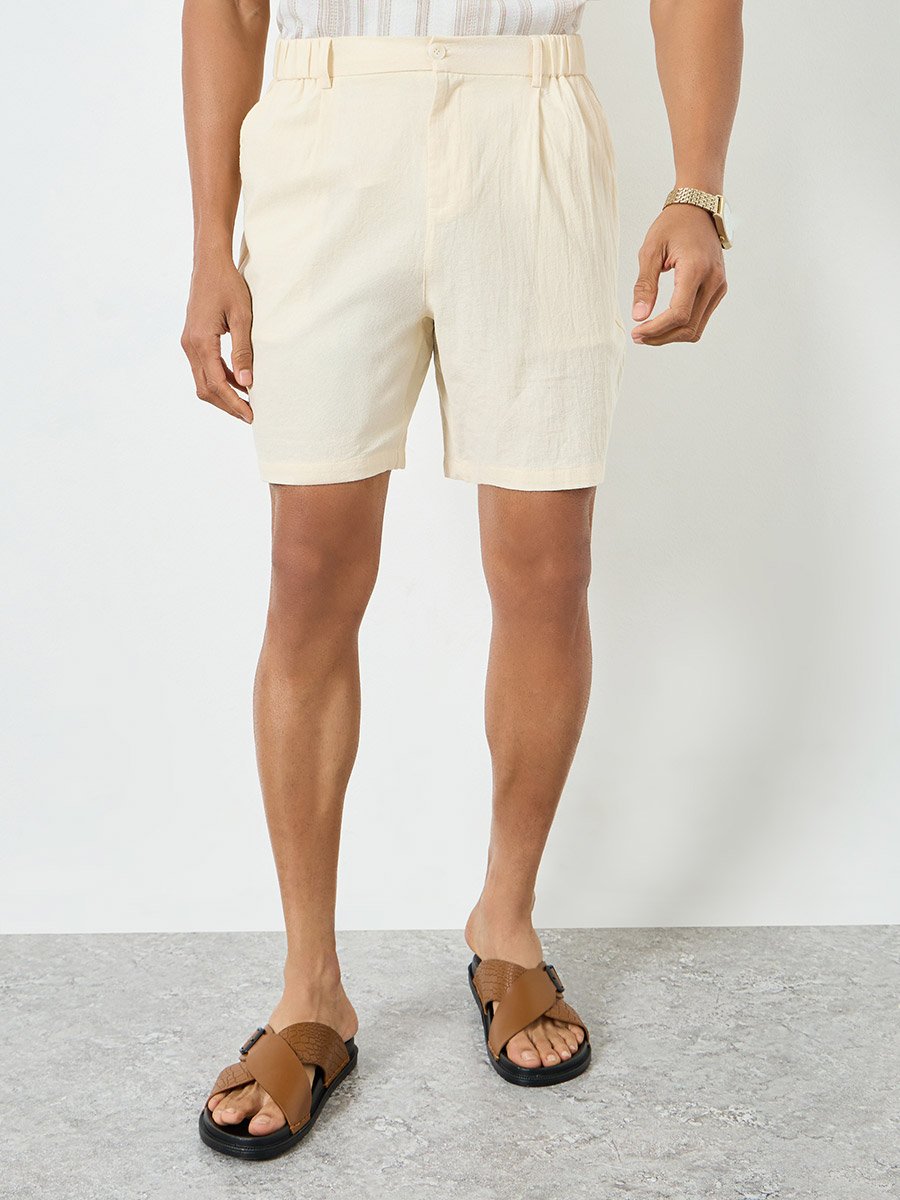 Men Beige Solid Linen Shorts