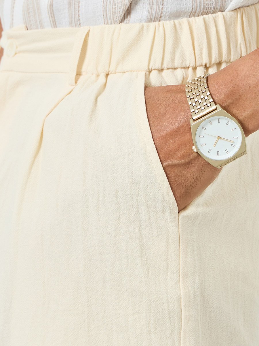 Men Beige Solid Linen Shorts