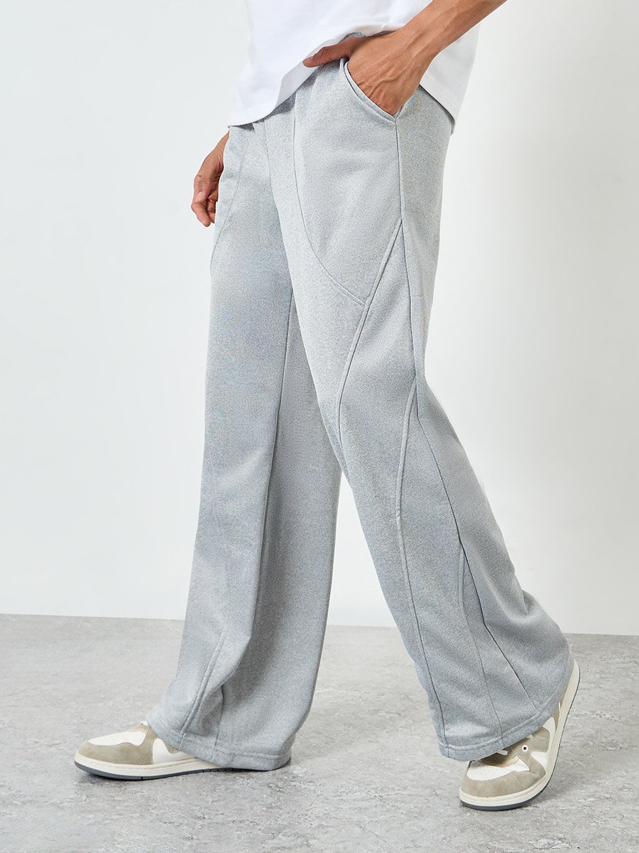 Men Grey Wide Leg Pintuck Trousers