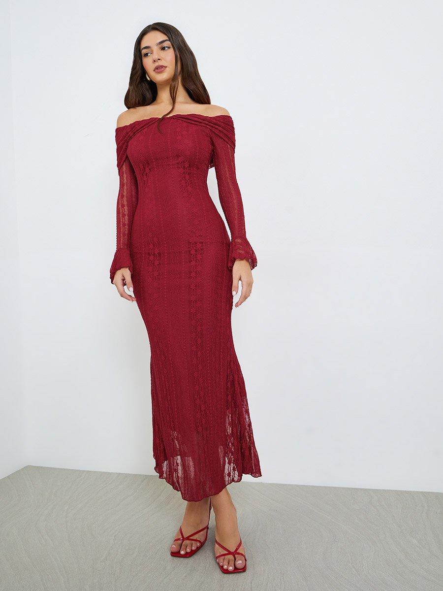 Burgundy Lace Off Shoulder Bodycon Maxi Dress