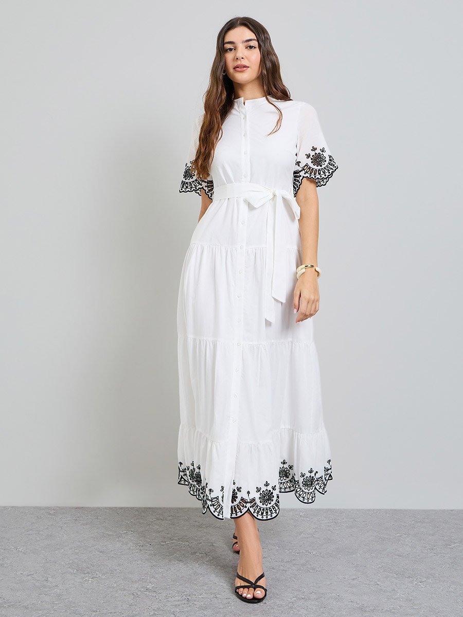 White Embroidered Shirt Maxi Dress with Tie-Belt
