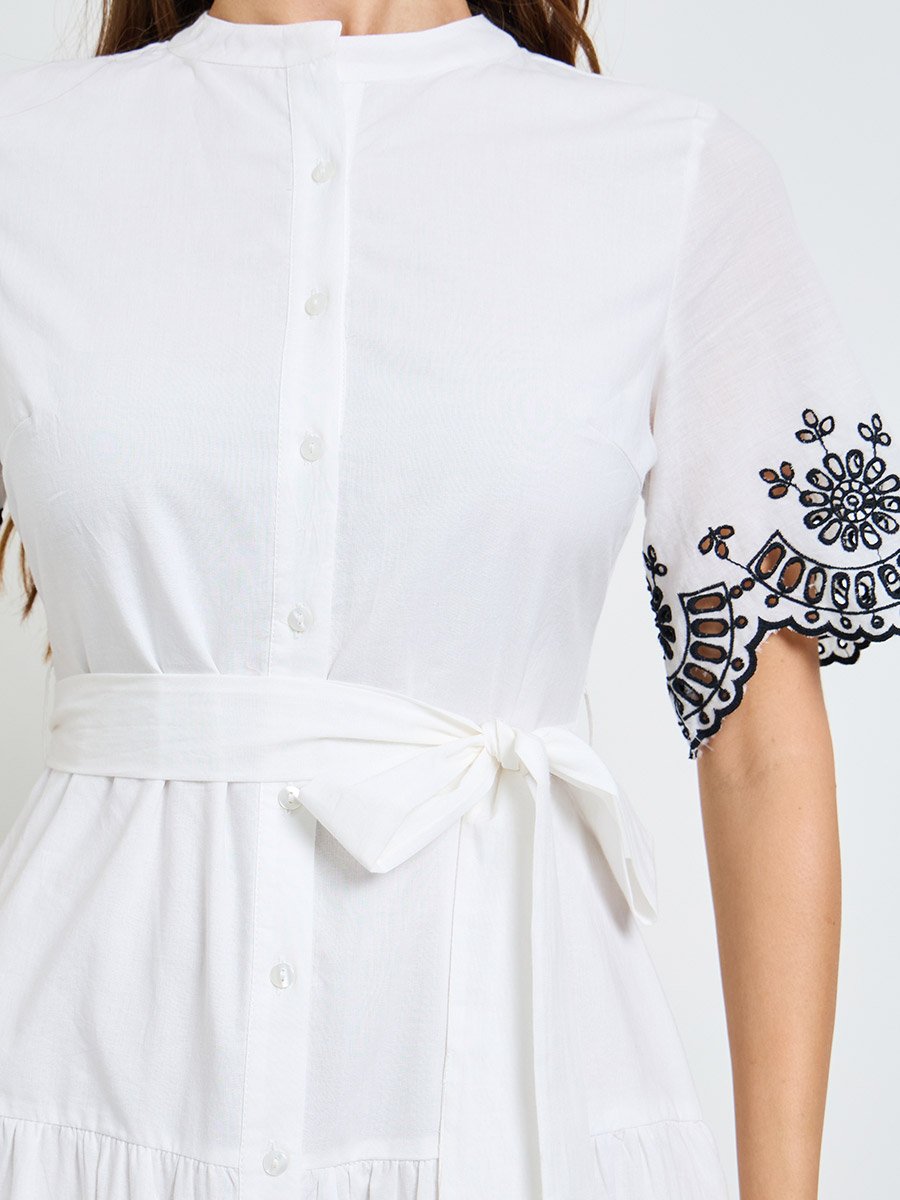 White Embroidered Shirt Maxi Dress with Tie-Belt