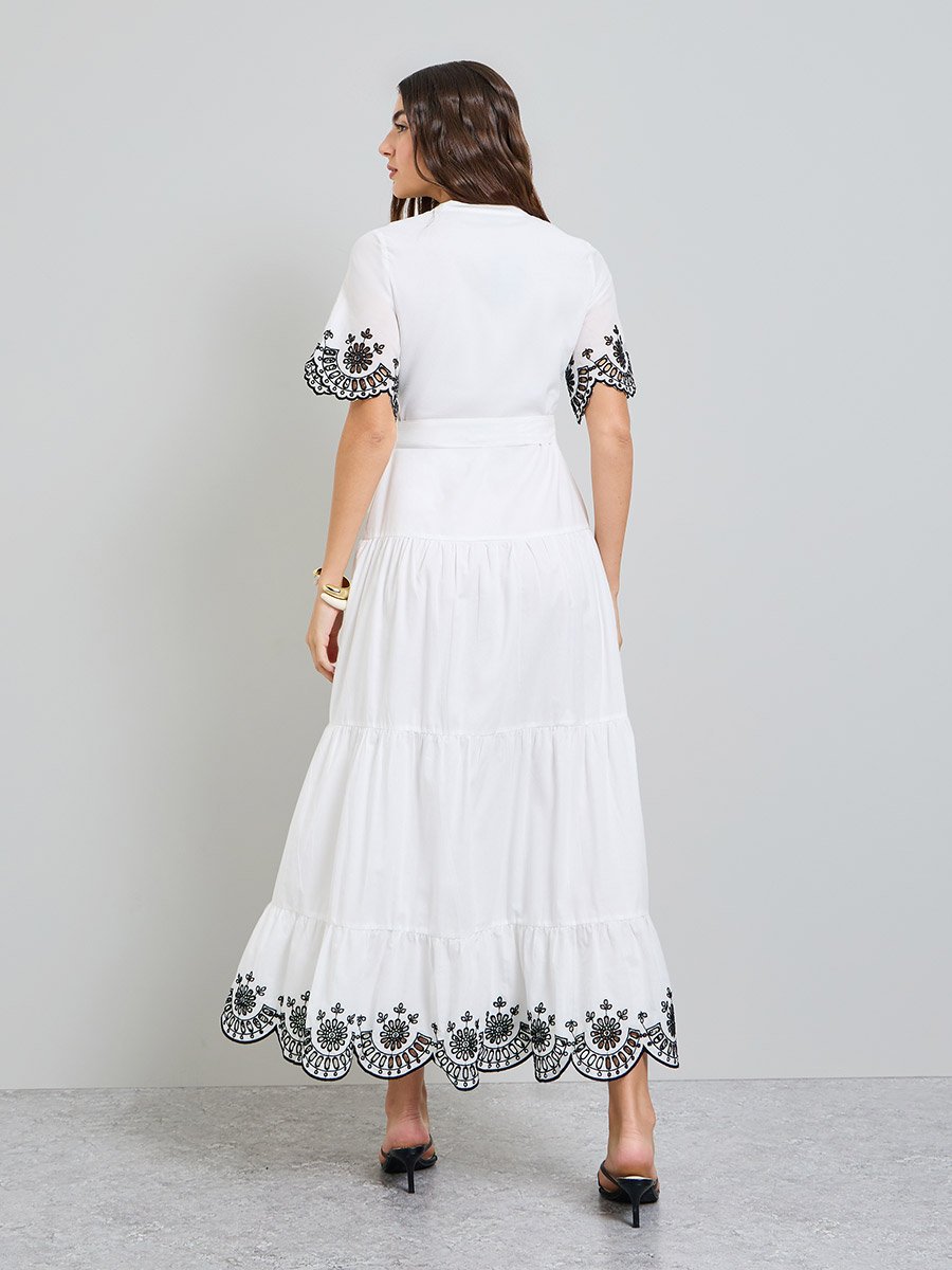 White Embroidered Shirt Maxi Dress with Tie-Belt