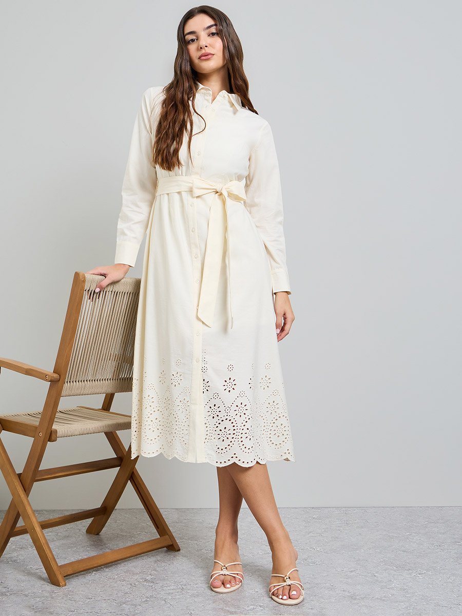 Off White Schiffli Shirt Midi Dress with Tie-Up Belt