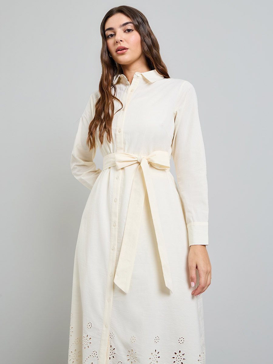 Off White Schiffli Shirt Midi Dress with Tie-Up Belt